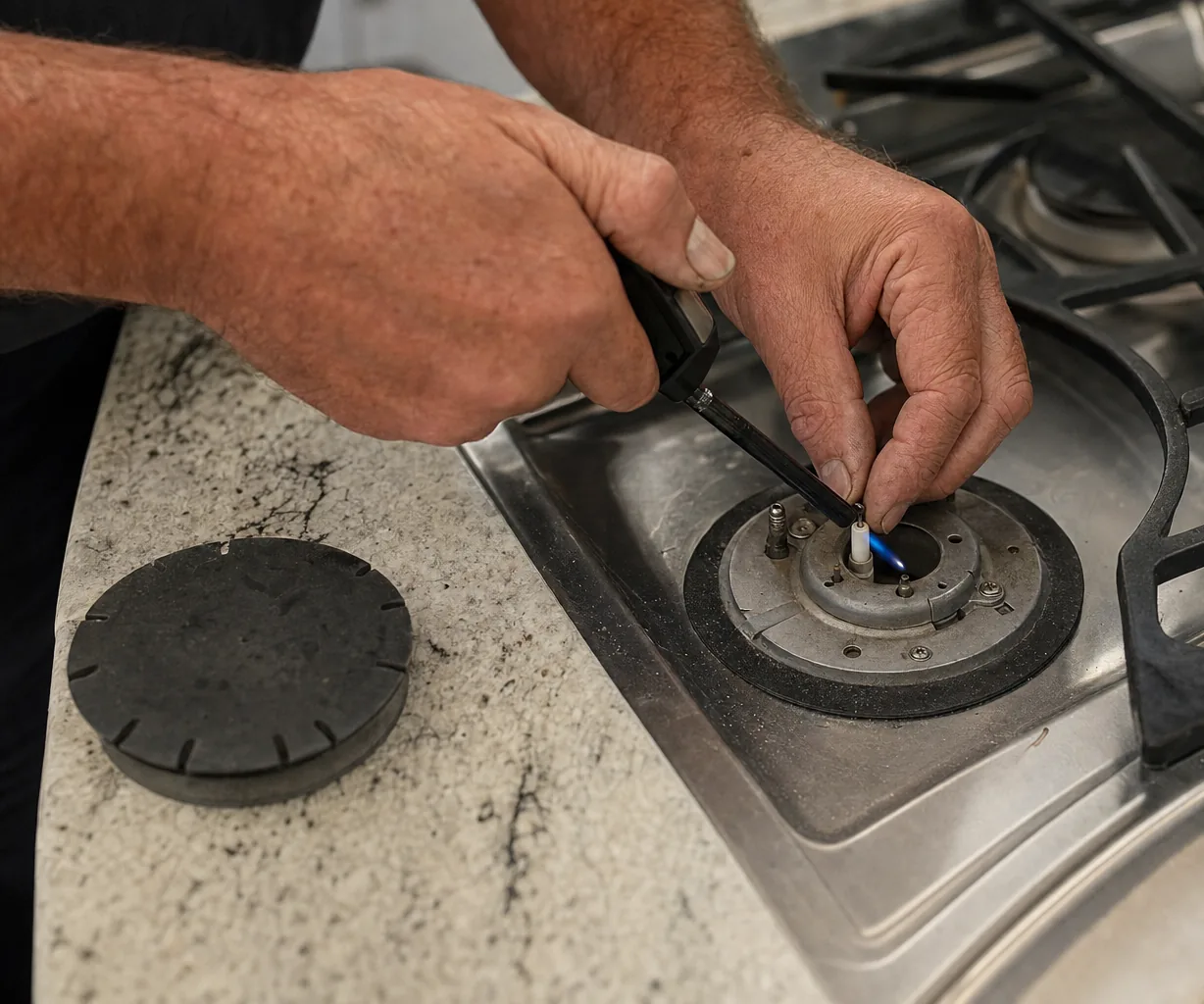 Left crop of the cooktop repair: burner ports, the lifted cap and a worn hand steadying the electrode collar.