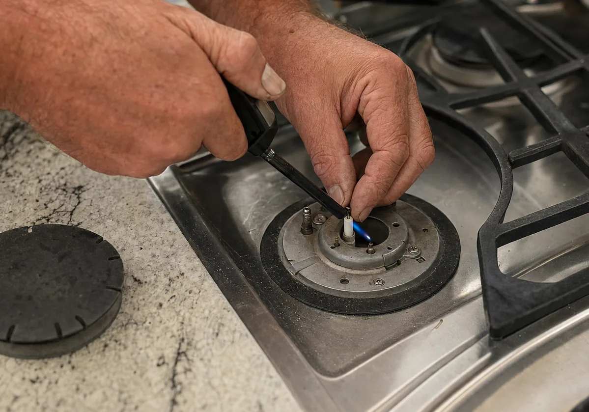 Centre crop of the gas cooktop mid-service, the low blue flame at one ring and the removed cap beside it.