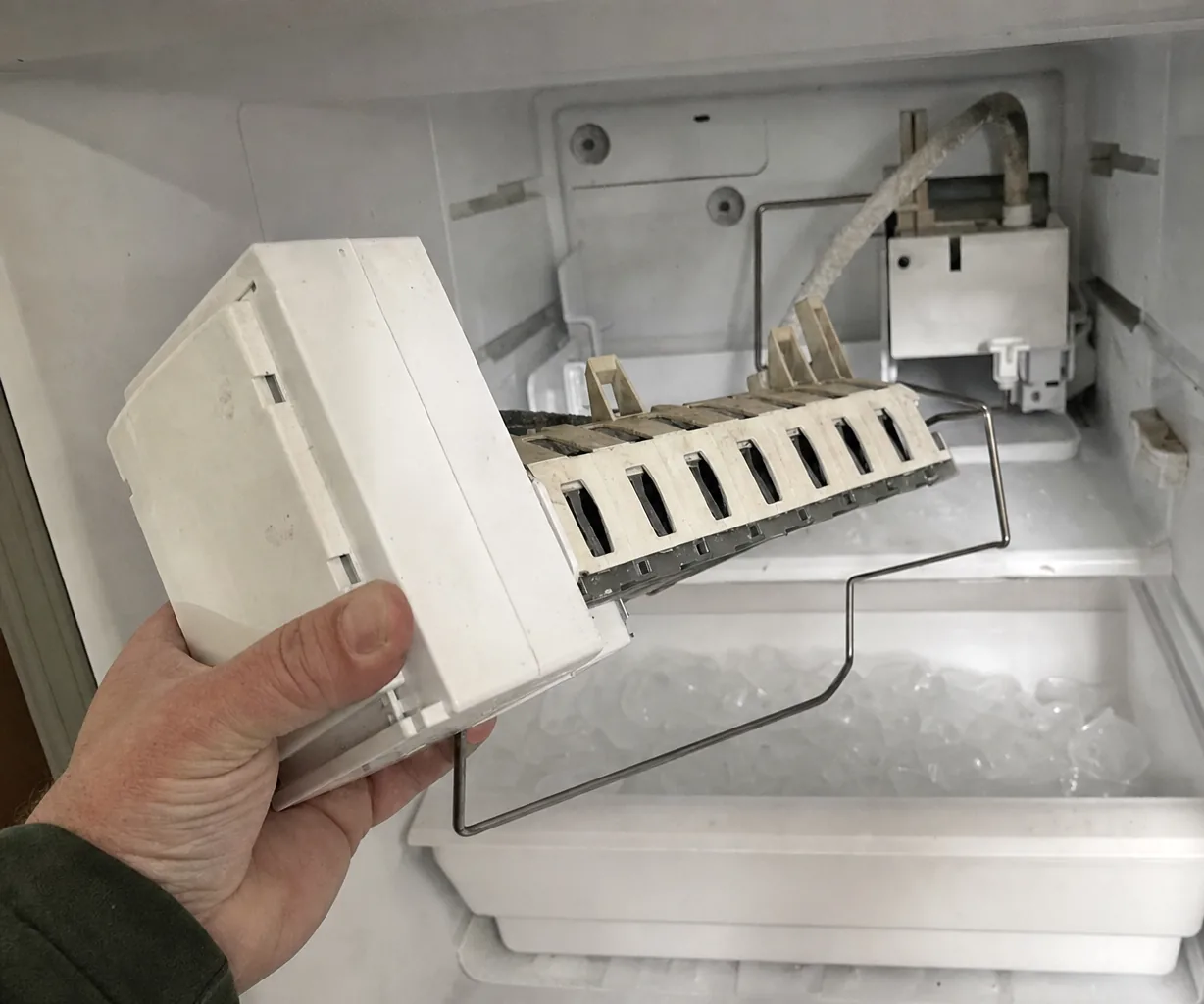 Left crop of the ice maker module in hand, the freezer wall and its mounting screws sharp behind it.