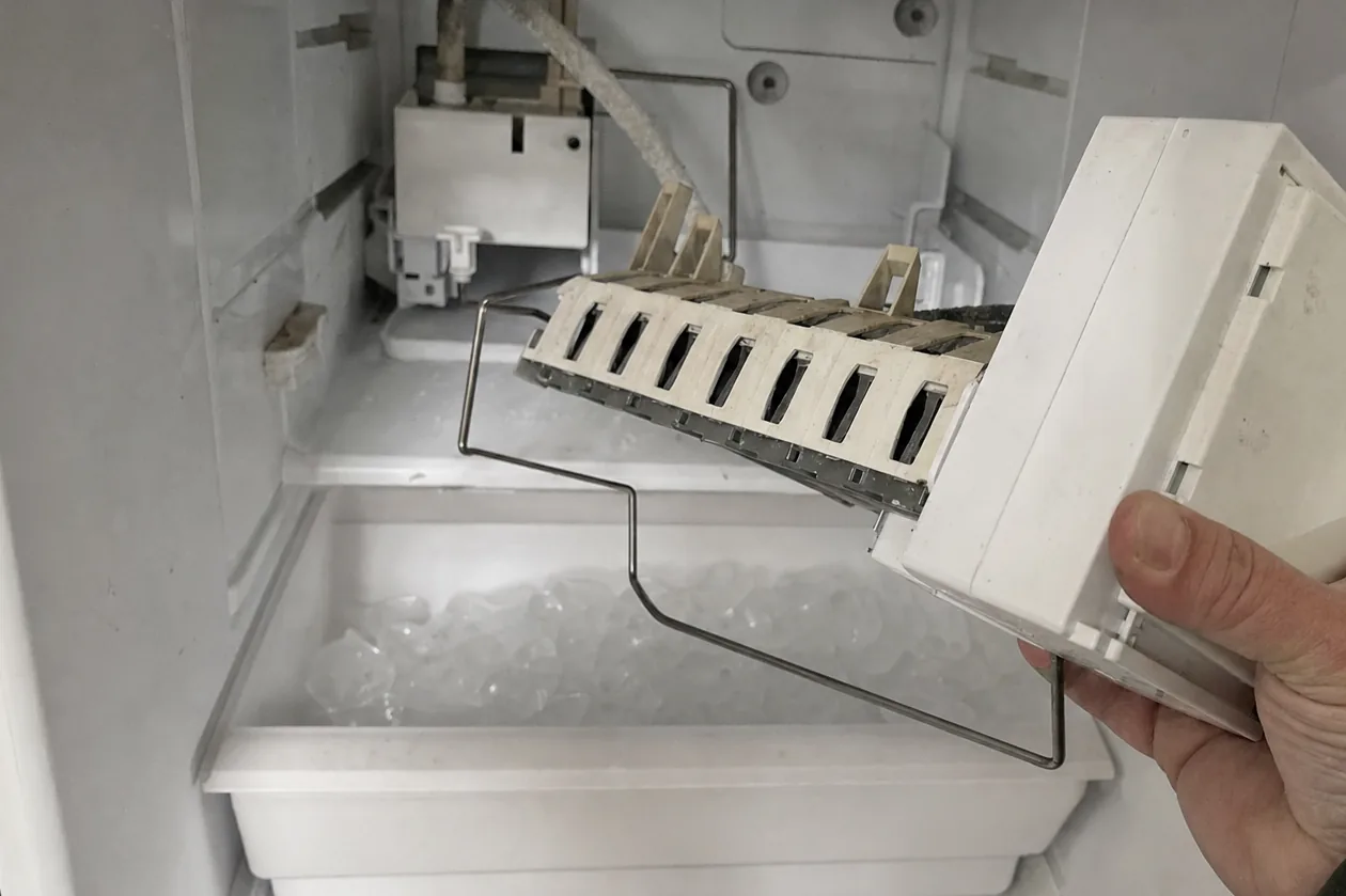 Off-centre mirrored crop of the module out of its bracket, ice loose in the bin beneath it.