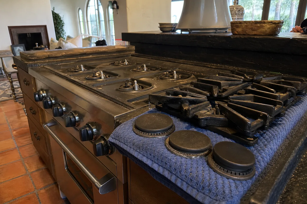 Six-burner stainless range with its burner caps lifted off, the cast-iron grates and round caps resting on a folded blue towel above terracotta floor tiles.